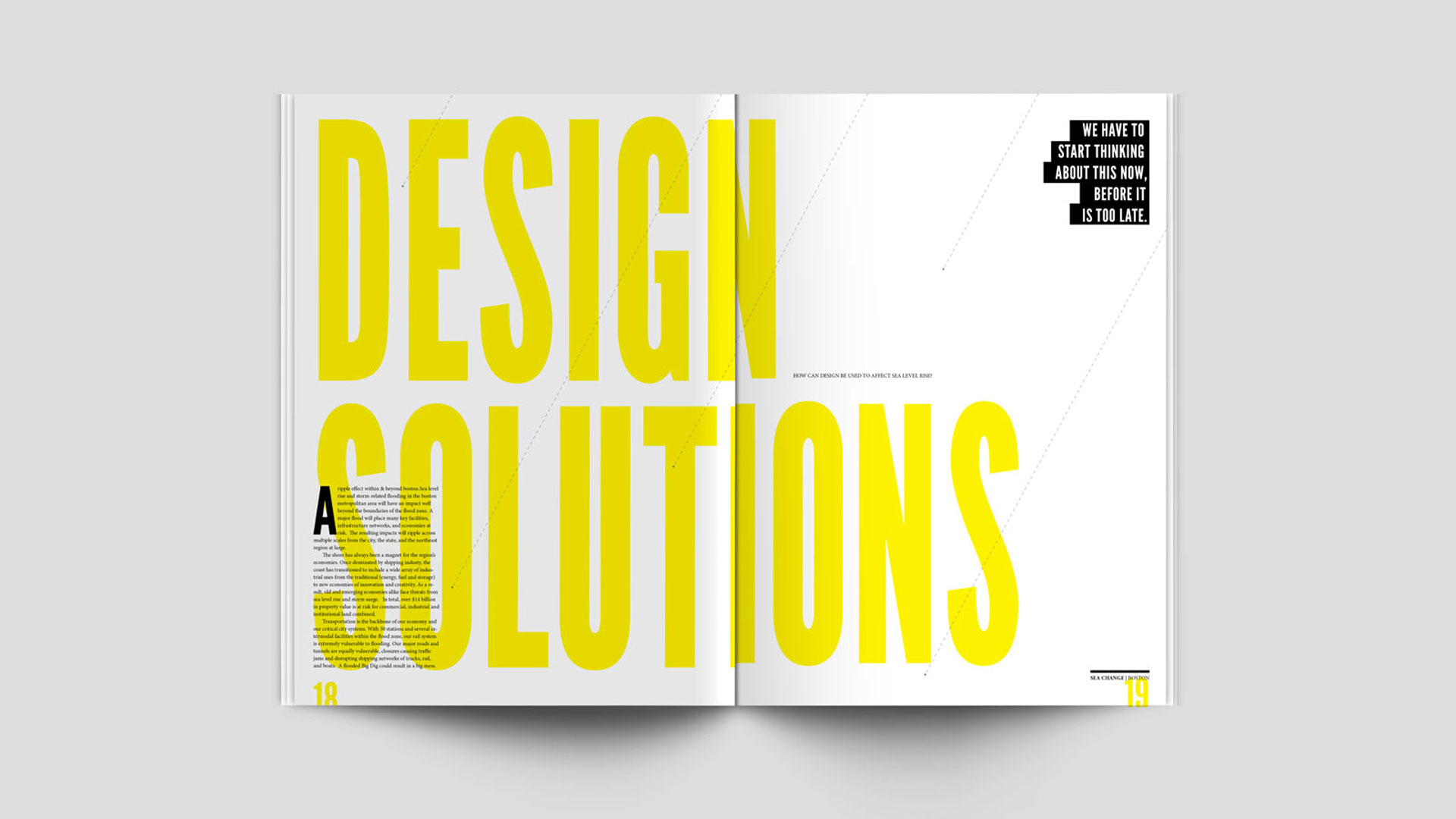 An image of a book opened to a spread. The spread has a white background and large yellow typogarphy. Design was made in Adobe Indesign.